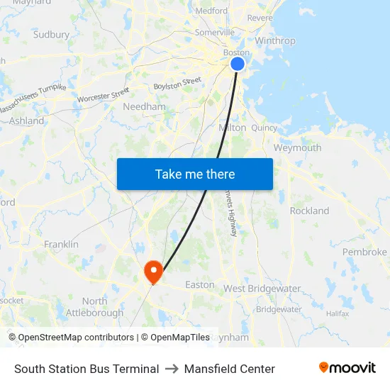 South Station Bus Terminal to Mansfield Center map