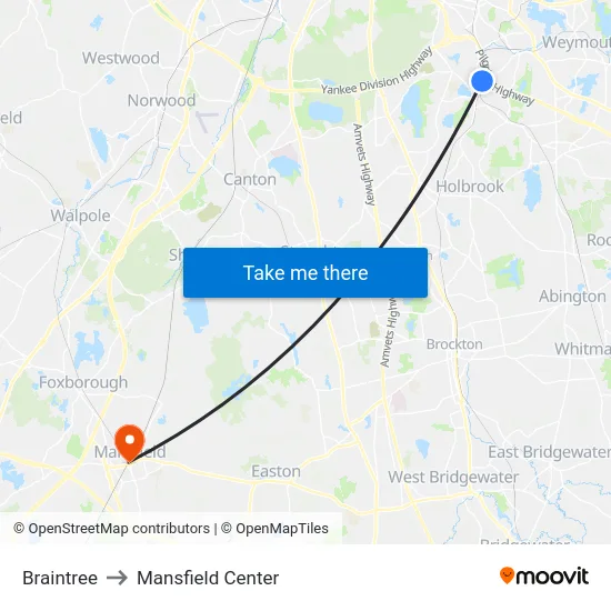 Braintree to Mansfield Center map