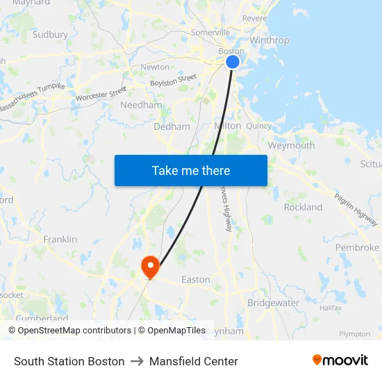 South Station Boston to Mansfield Center map