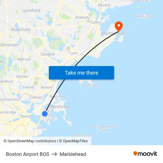 Boston Airport BOS to Marblehead map