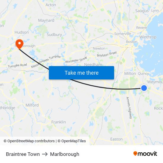 Braintree Town to Marlborough map