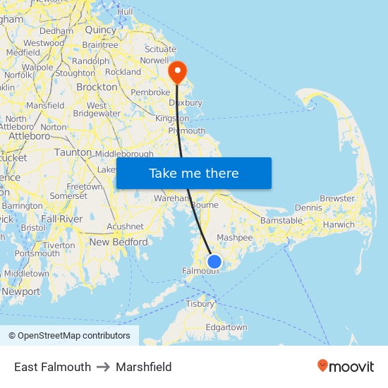 East Falmouth to Marshfield map