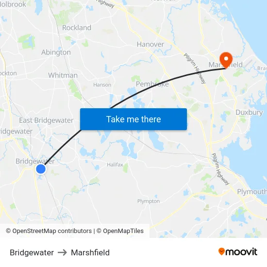 Bridgewater to Marshfield map