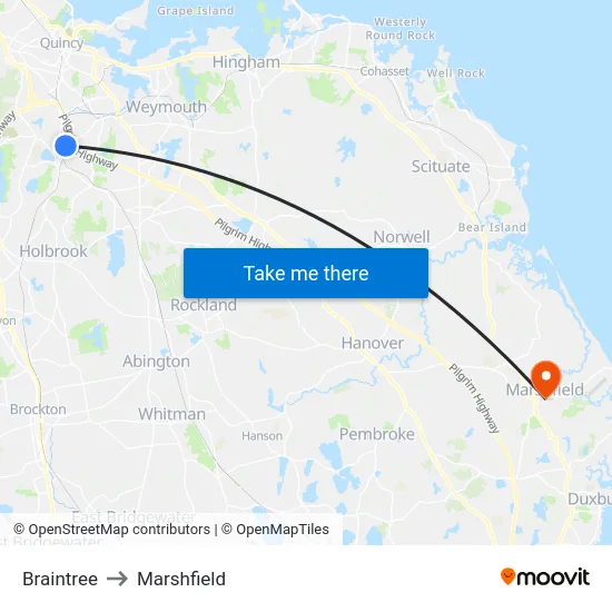 Braintree to Marshfield map