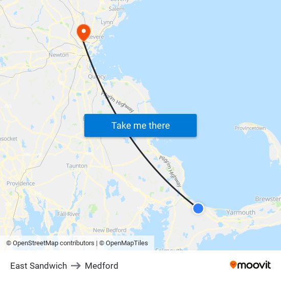 East Sandwich to Medford map