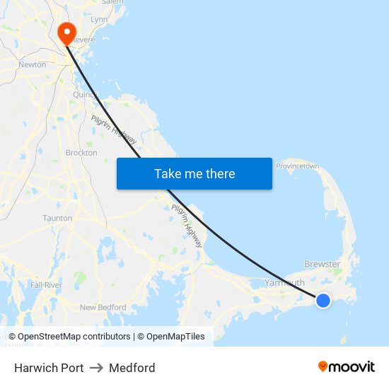 Harwich Port to Medford map