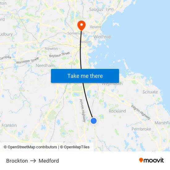 Brockton to Medford map