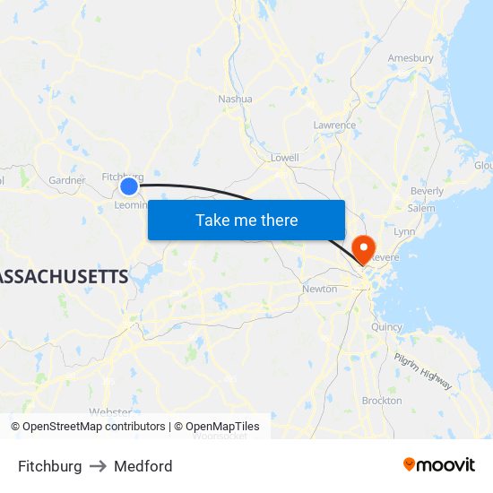 Fitchburg to Medford map