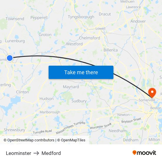 Leominster to Medford map