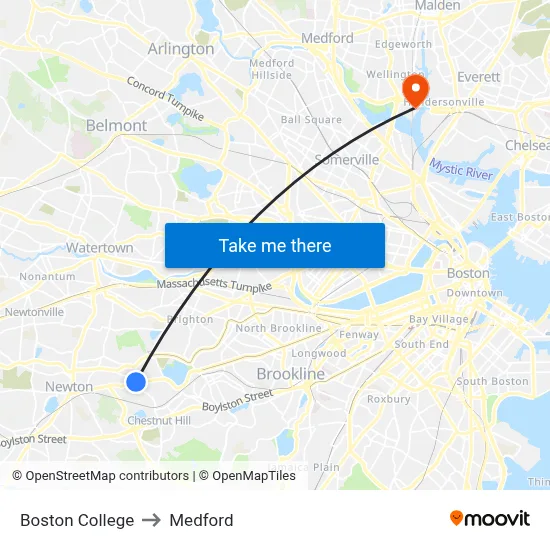 Boston College to Medford map