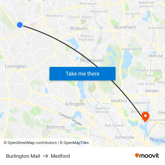 Burlington Mall to Medford map