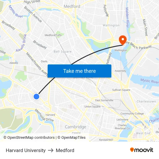 Harvard University to Medford map