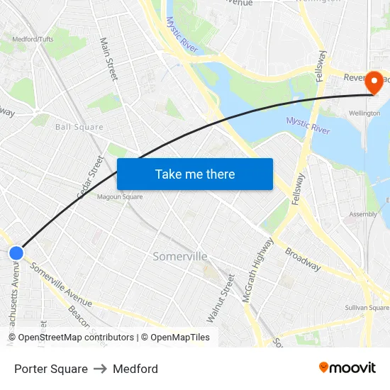 Porter Square to Medford map
