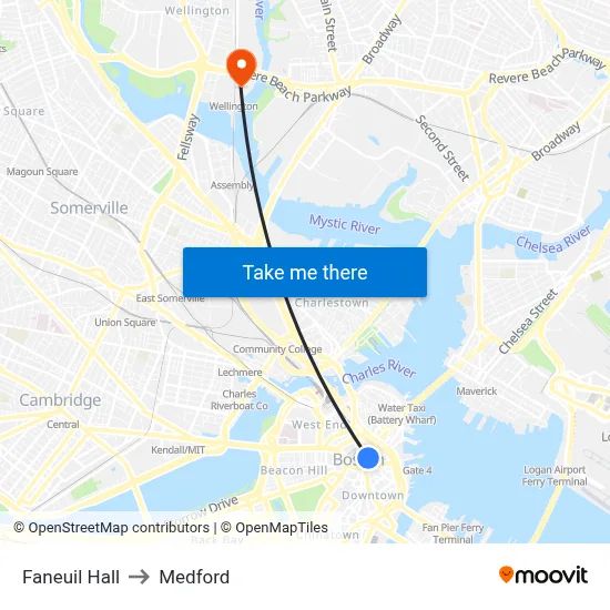 Faneuil Hall to Medford map