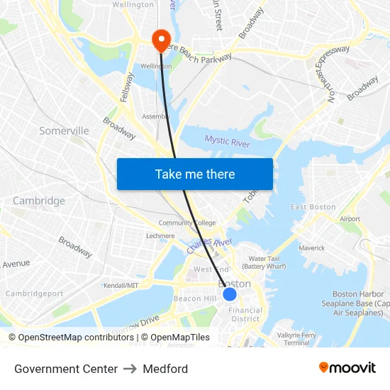 Government Center to Medford map