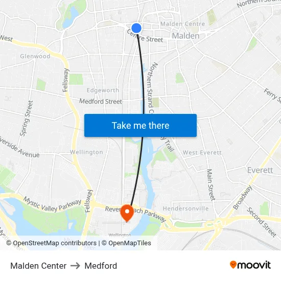Malden Center to Medford map
