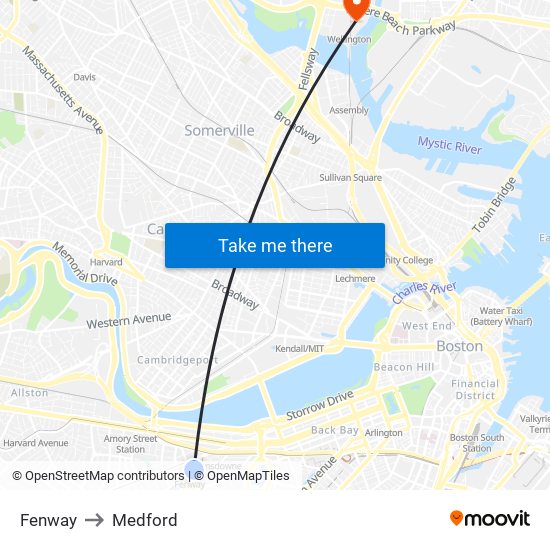 Fenway to Medford map