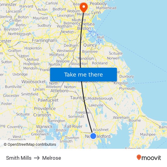 Smith Mills to Melrose map