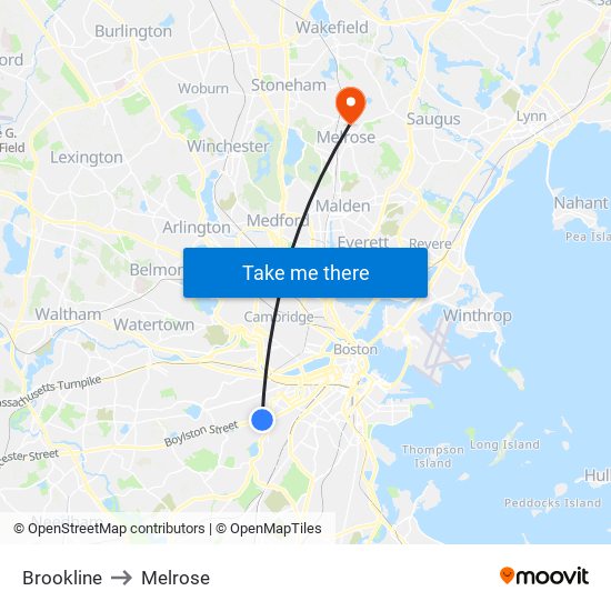 Brookline to Melrose map