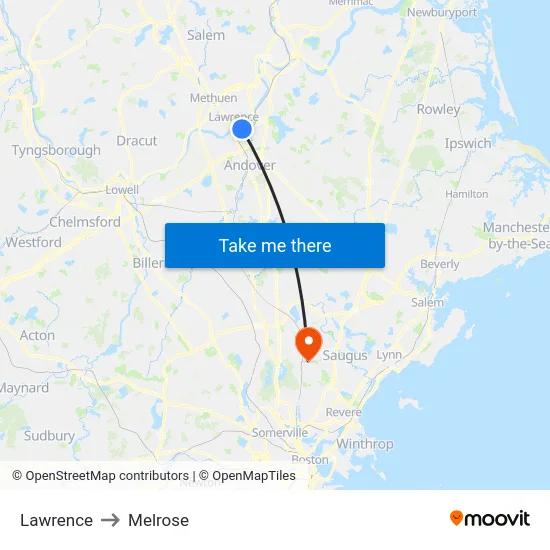 Lawrence to Melrose map