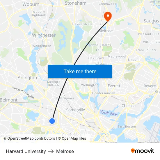 Harvard University to Melrose map