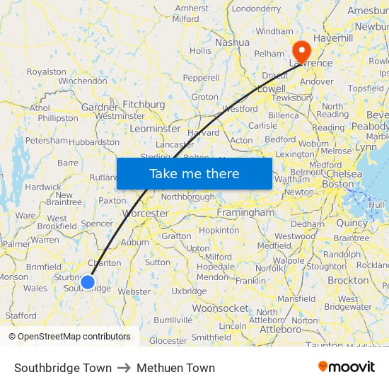 Southbridge Town to Methuen Town map