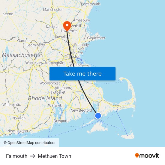 Falmouth to Methuen Town map