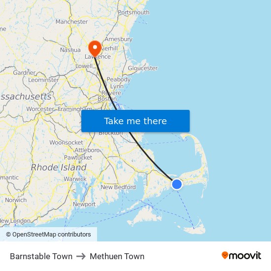 Barnstable Town to Methuen Town map