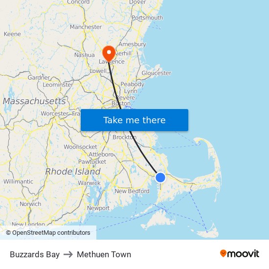 Buzzards Bay to Methuen Town map