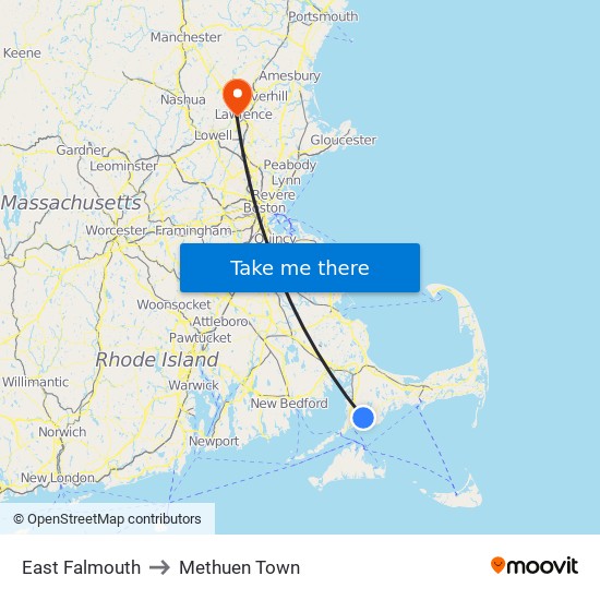 East Falmouth to Methuen Town map
