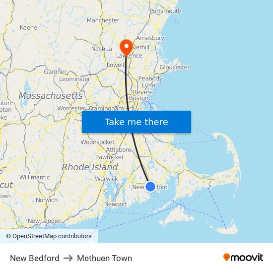 New Bedford to Methuen Town map