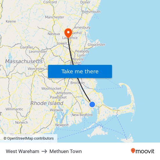 West Wareham to Methuen Town map