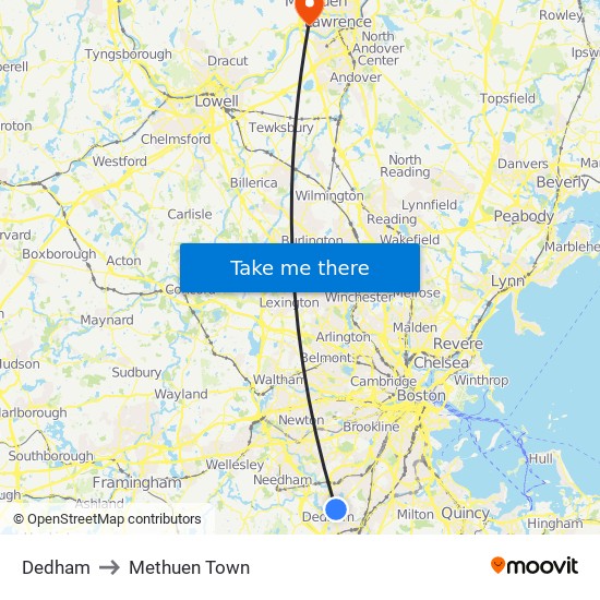 Dedham to Methuen Town map