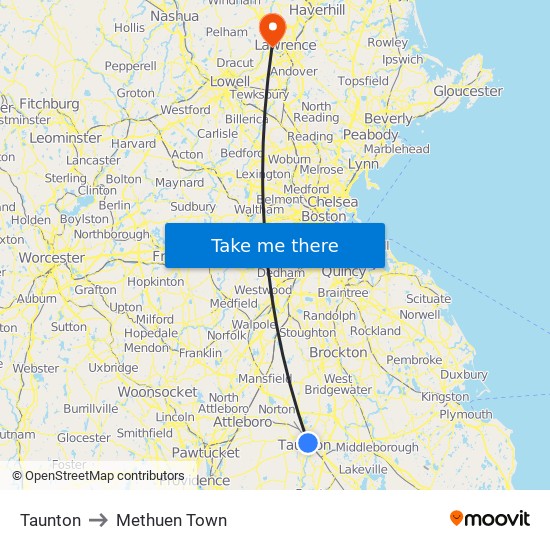 Taunton to Methuen Town map