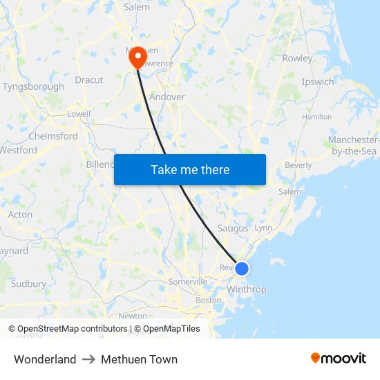 Wonderland to Methuen Town map