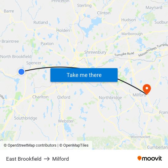East Brookfield to Milford map