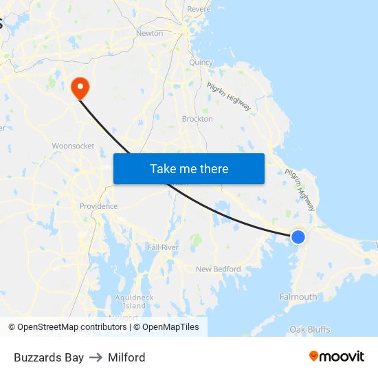 Buzzards Bay to Milford map
