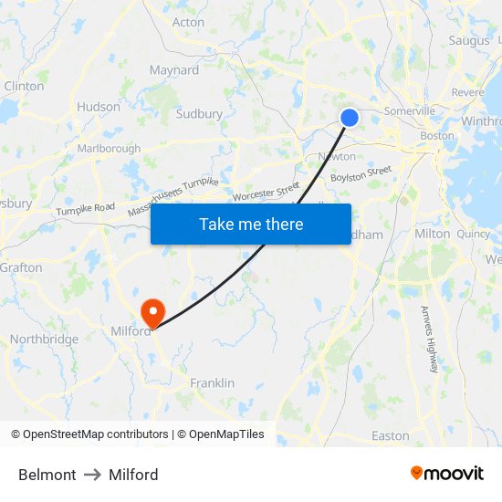 Belmont to Milford map