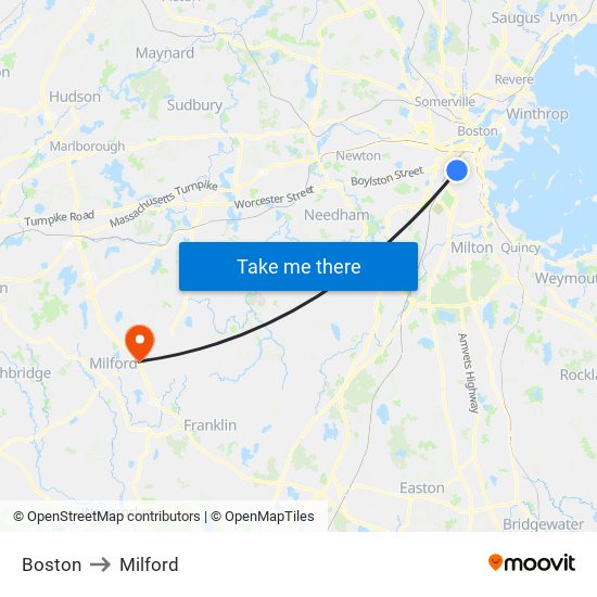 Boston to Milford map