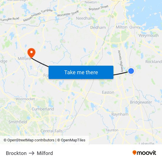 Brockton to Milford map
