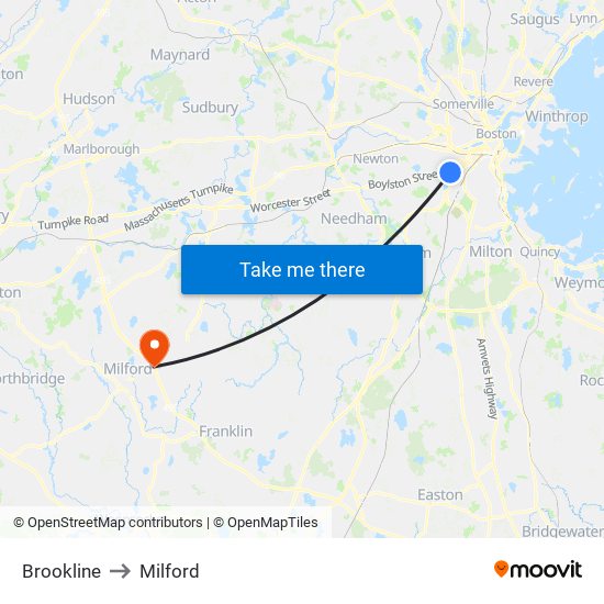 Brookline to Milford map