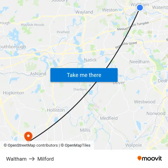 Waltham to Milford map
