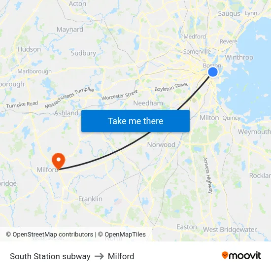 South Station subway to Milford map