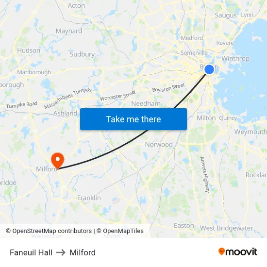 Faneuil Hall to Milford map