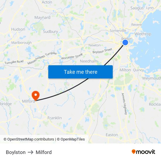 Boylston to Milford map
