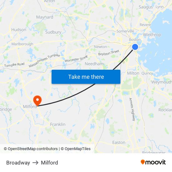 Broadway to Milford map