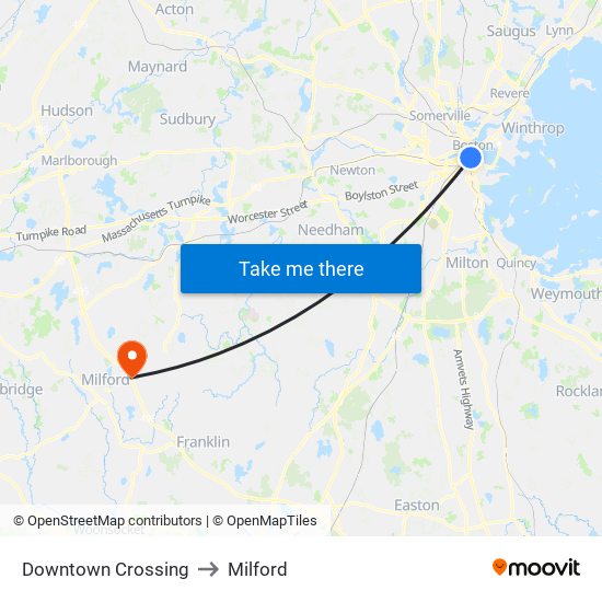 Downtown Crossing to Milford map