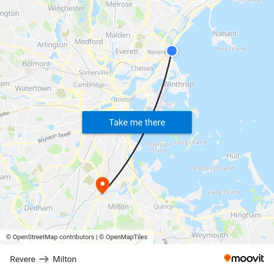 Revere to Milton map