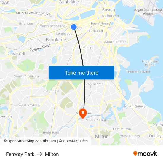 Fenway Park to Milton map