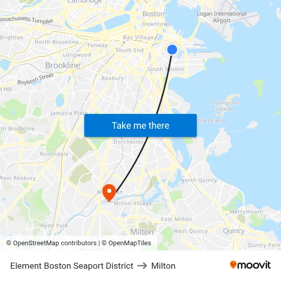 Element Boston Seaport District to Milton map